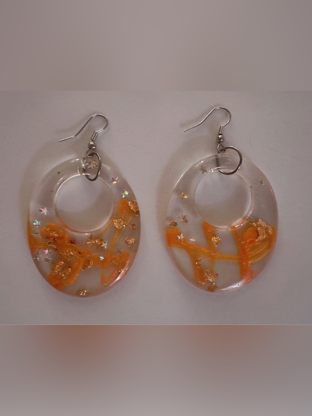 Clear Resin Hoop Earrings with Orange Accent and Gold Flakes
